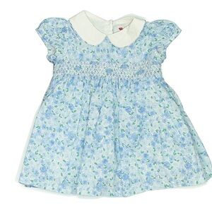 Trotters London Baby Dress 6-12 months smocked collar Peter Pan configure blue